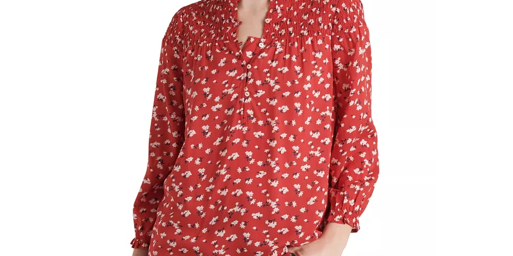 Blusa feminina Lucky Brand Gemma Smocked Yoke vermelha tamanho X-S