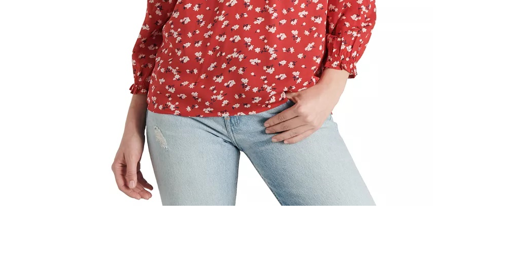 Blusa feminina Lucky Brand Gemma Smocked Yoke vermelha tamanho X-S