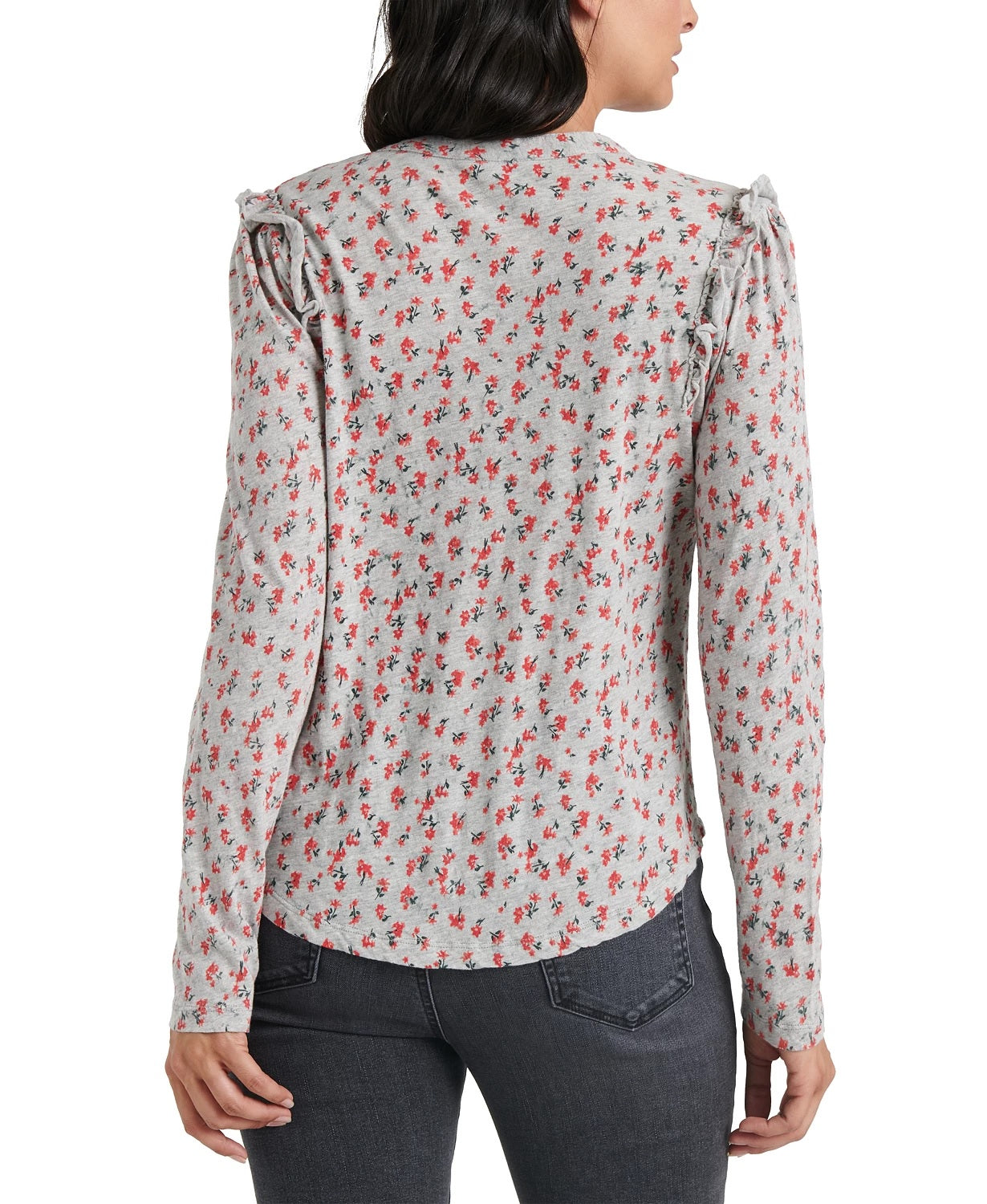 Lucky Brand Feminino Estampa Floral Babados Henley Vermelho Tamanho Grande