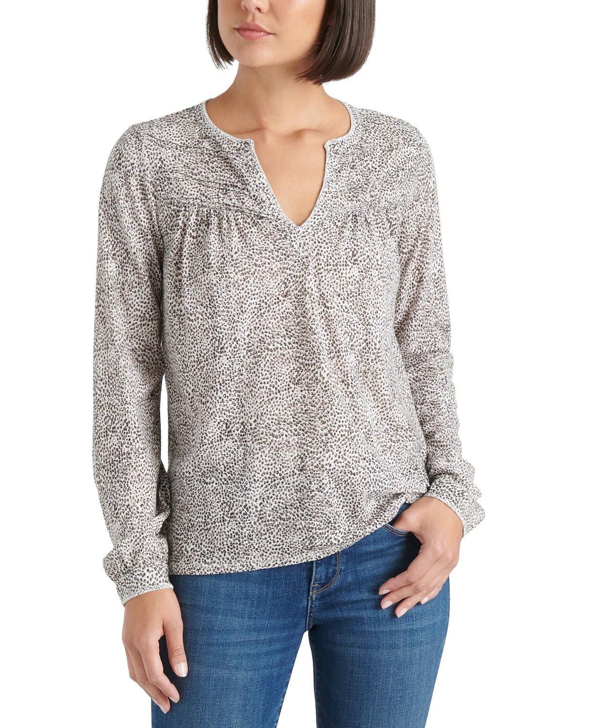 Blusa feminina de algodão com estampa animal e estampa camponesa Lucky Brand, branca, tamanho pequeno