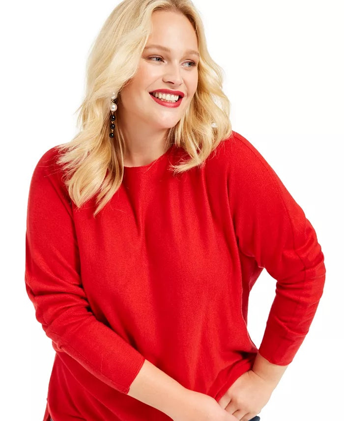 Suéter feminino plus size de manga comprida, alto e baixo, vermelho, tamanho 3X da International Concepts