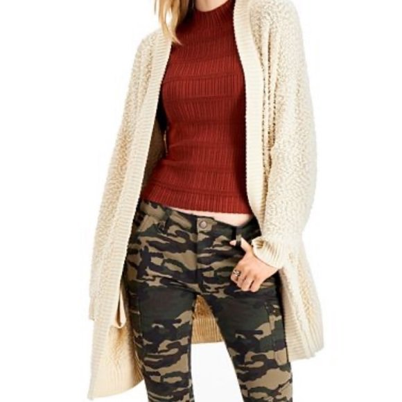 Cardigan texturizado com frente aberta para jovens, bege escuro, tamanho grande