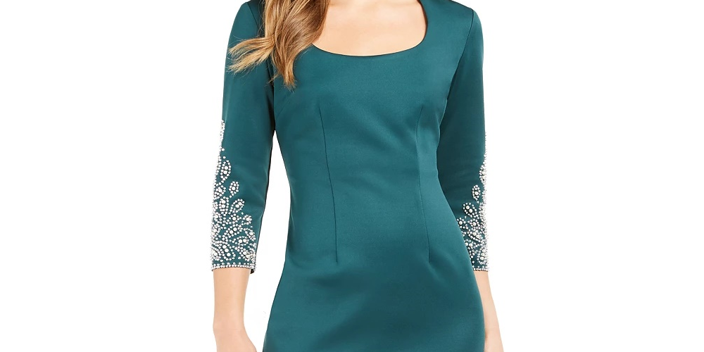 Vestido curto feminino SL Fashions com decote profundo e detalhes em verde, tamanho 18