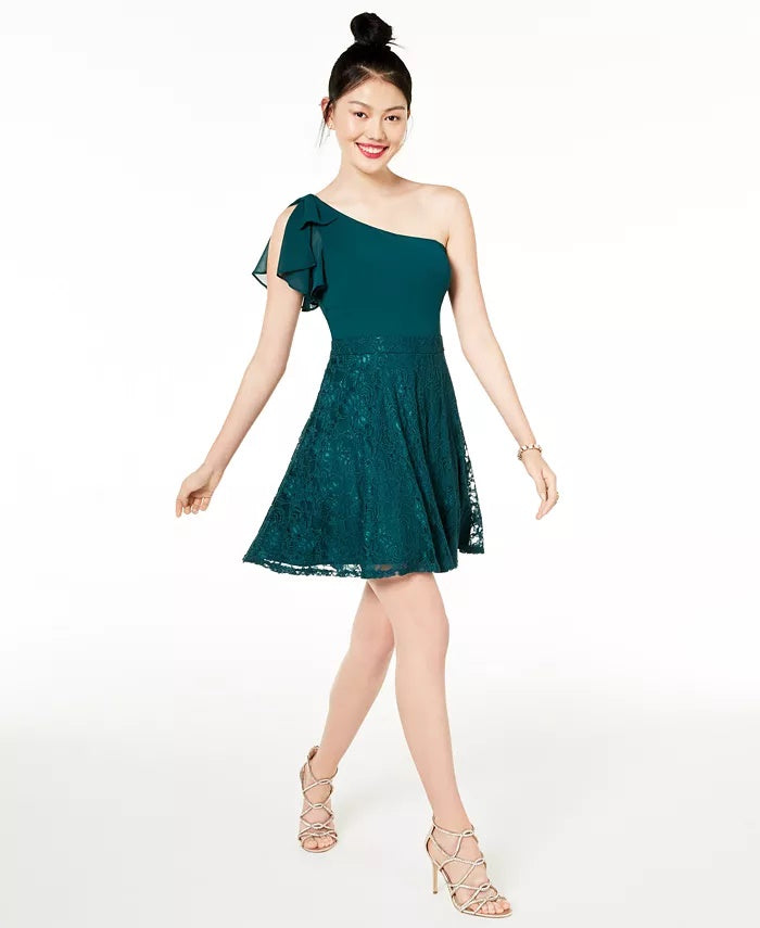 Vestido de um ombro só de renda e chiffon City Studios Junior, verde brilhante, tamanho 9