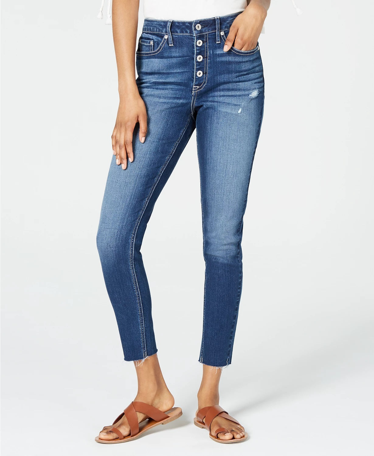Calça jeans skinny rasgada com braguilha e botões American Rag Juniors, tamanho 9, azul