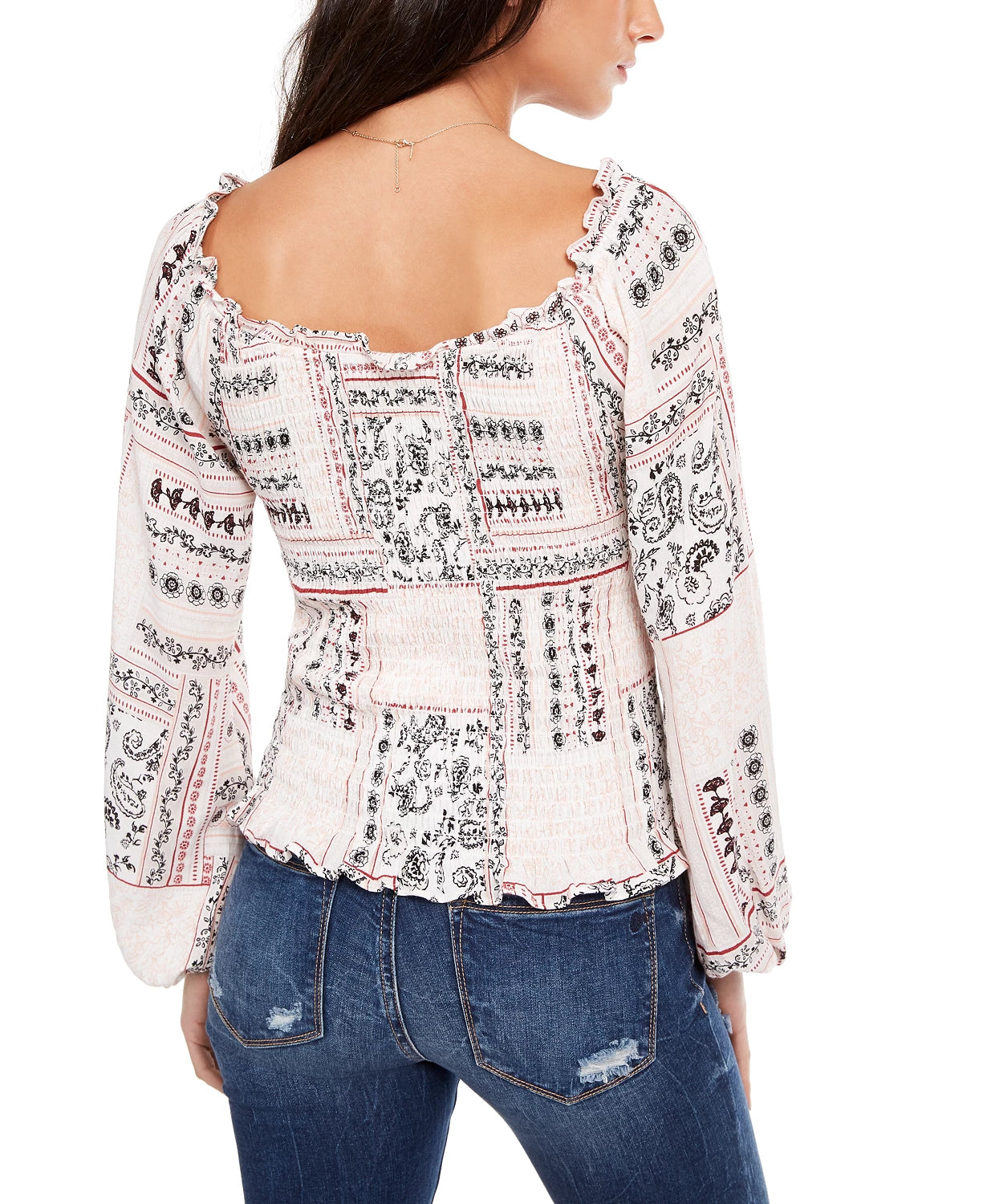 Blusa estampada American Rag Junior com mangas curtas e babados, tamanho X-S