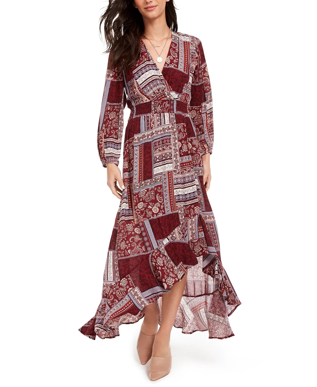 Vestido longo estampado American Rag Junior's Surplice vermelho escuro tamanho pequeno