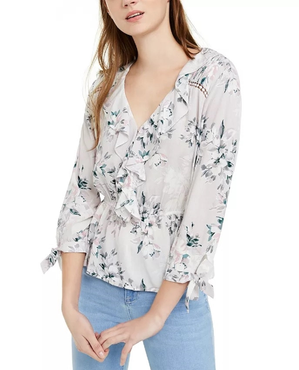 Top American Rag Juniors com gola franzida e mangas amarradas, cinza, tamanho grande