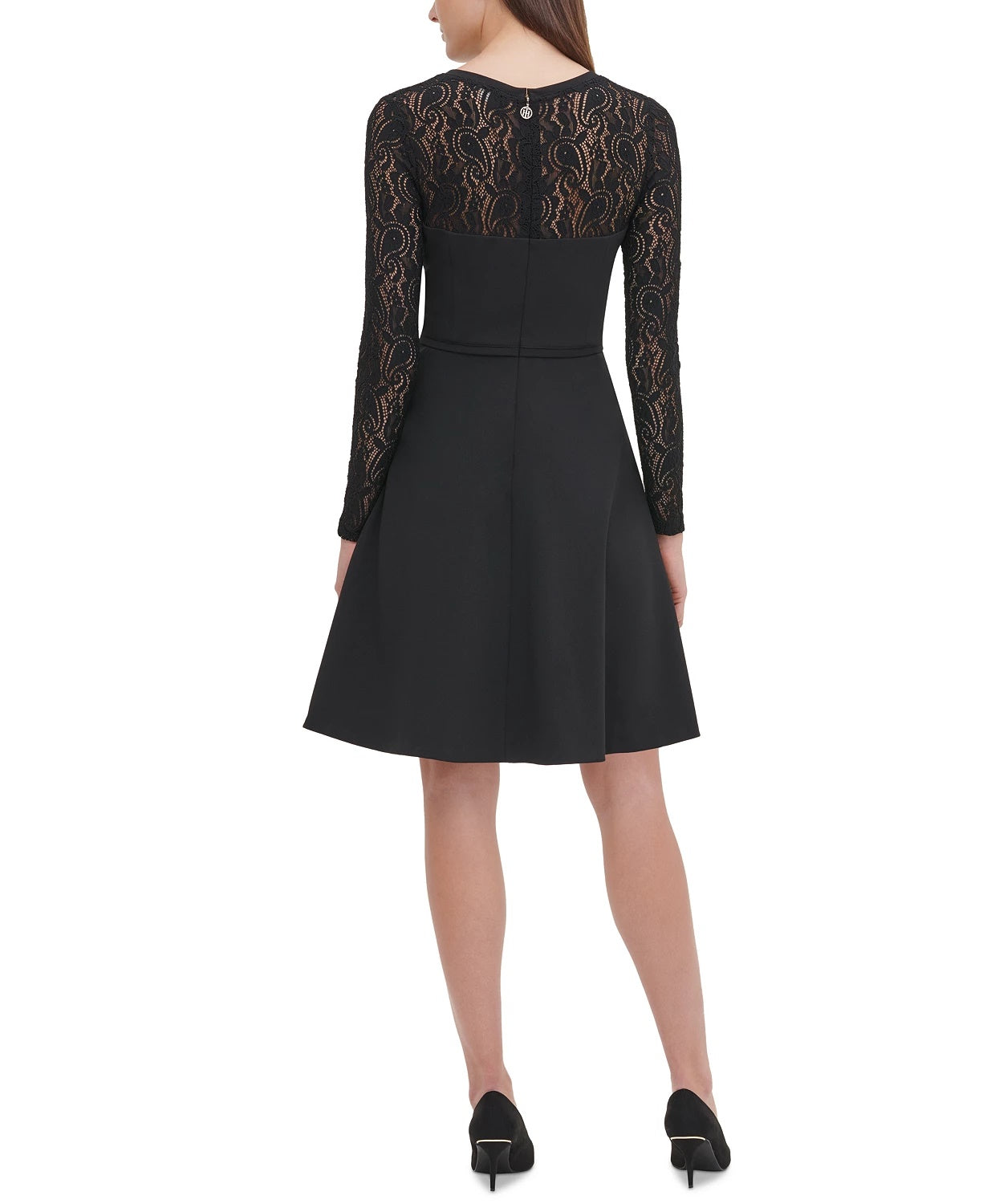 Vestido Tommy Hilfiger Feminino com Manga de Renda e Ajuste Flare, Preto, Tamanho 8