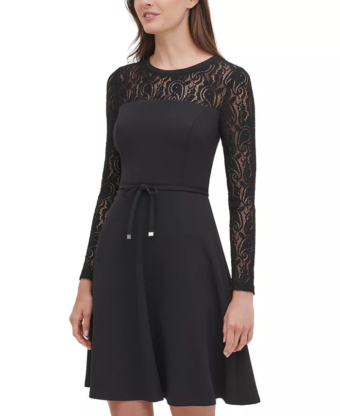 Vestido Tommy Hilfiger Feminino com Manga de Renda e Ajuste Flare, Preto, Tamanho 8
