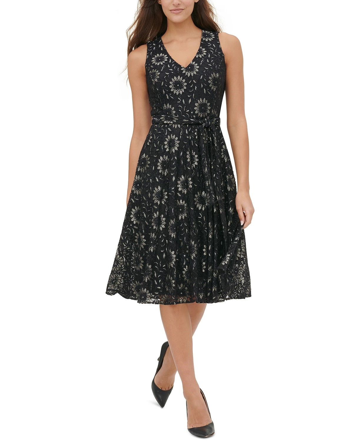 Vestido feminino Tommy Hilfiger com ajuste evasê e renda floral, cinza, tamanho 4
