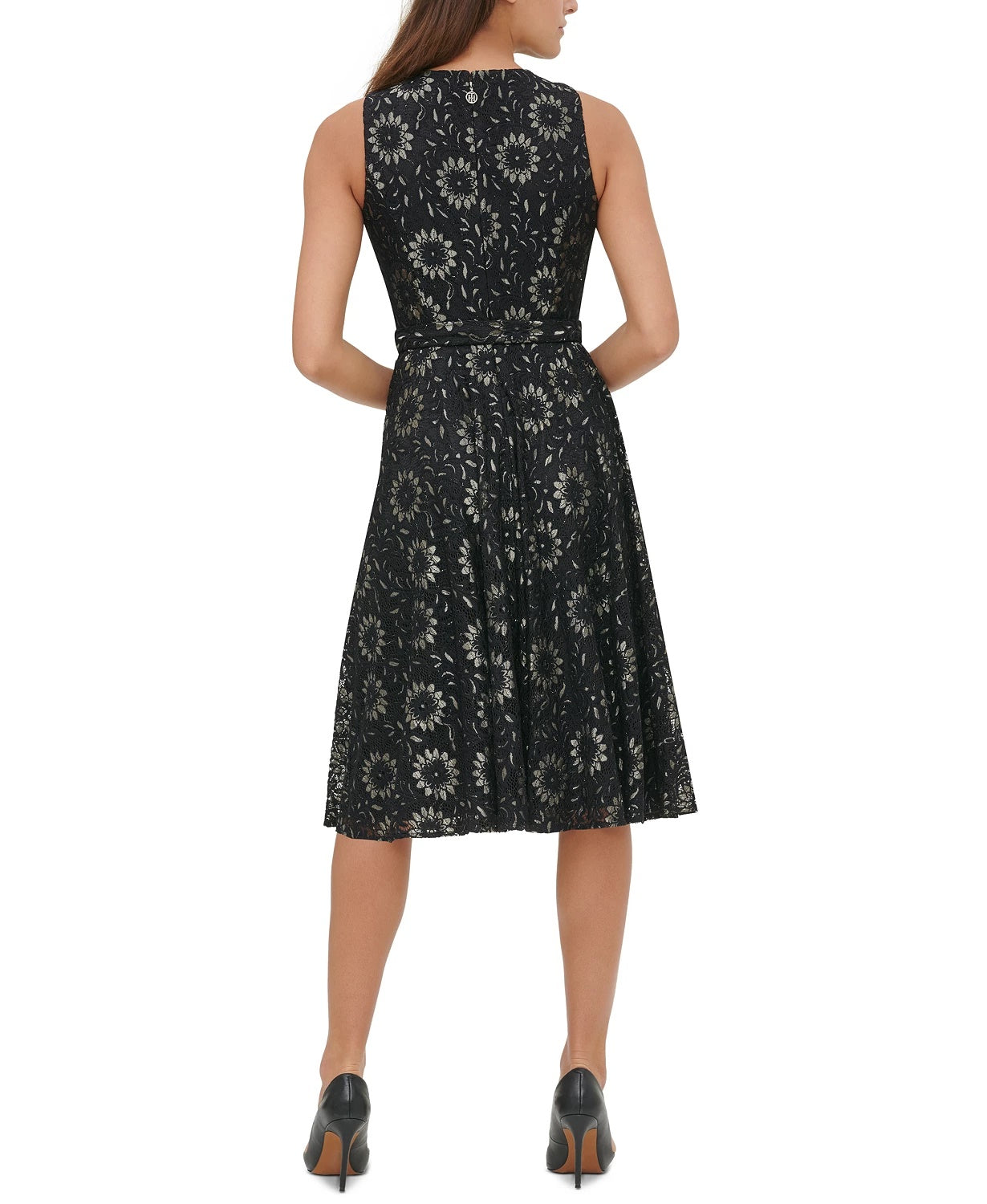 Vestido feminino Tommy Hilfiger com ajuste evasê e renda floral, cinza, tamanho 4