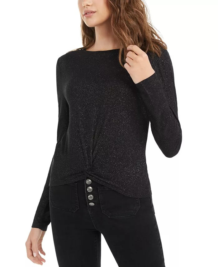 Planet Gold Junior's Twist Front Sparkly Ribbed Top Preto Tamanho Médio