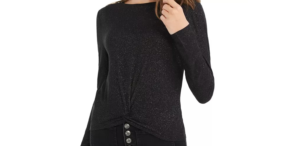 Planet Gold Junior's Twist Front Sparkly Ribbed Top Preto Tamanho Médio