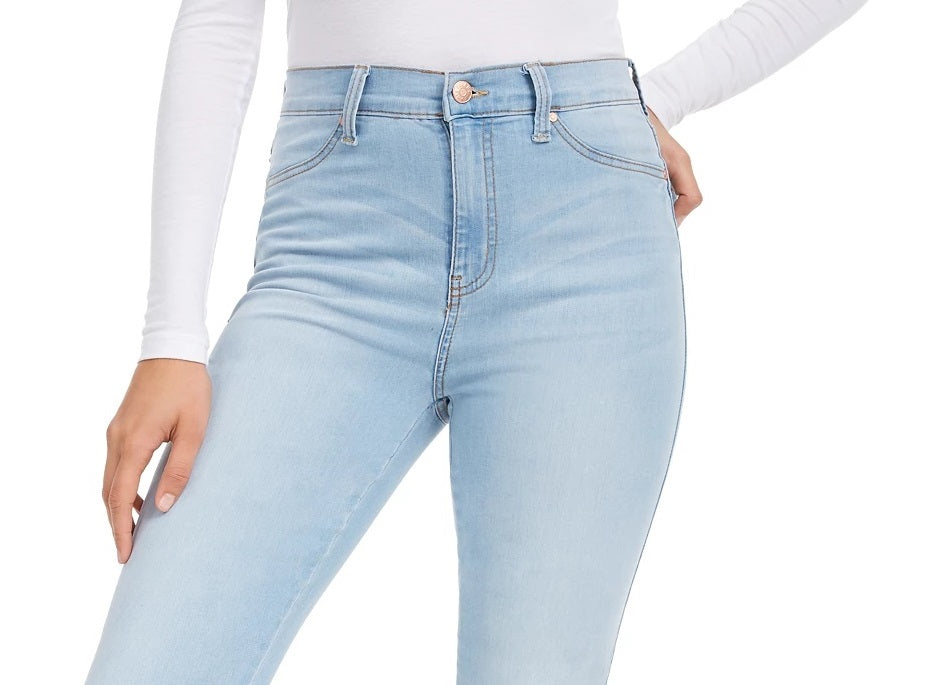 Calça jeans skinny feminina rosa celebridade, cintura alta, azul, tamanho 3