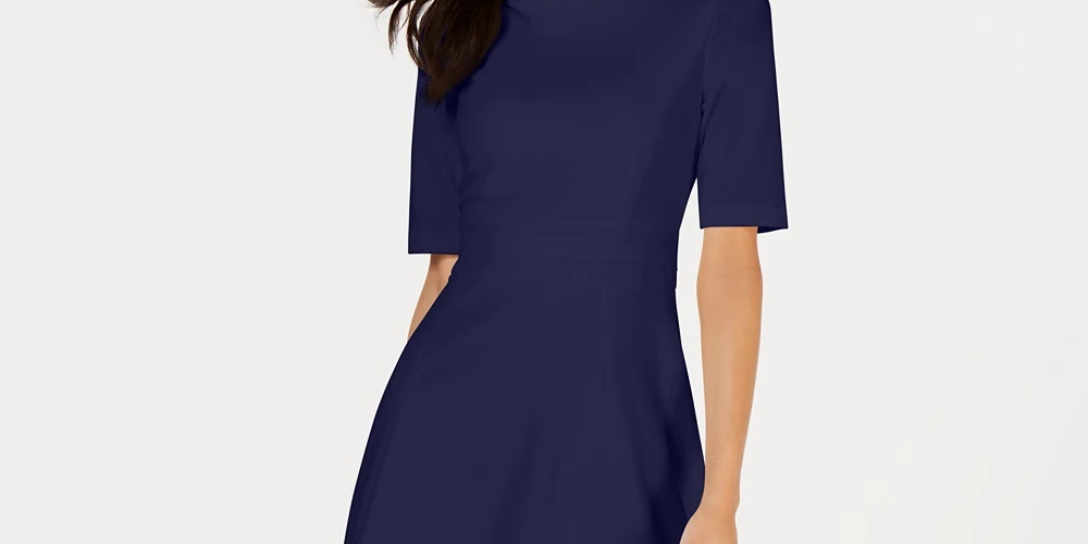 Vestido Calvin Klein Feminino Manga Cotovelo com Detalhe de Ilusão Azul Marinho Tamanho 2