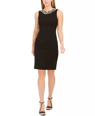Vestido justo com acabamento em pérolas falsas Calvin Klein feminino, preto, tamanho 2