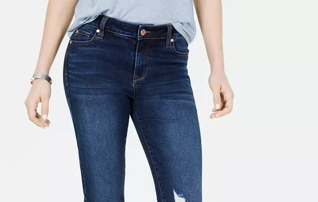 Calça jeans skinny cropped rasgada rosa Celebrity Juniors, azul marinho, tamanho 7