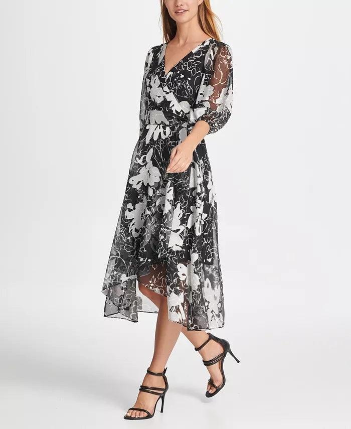 Vestido longo feminino DKNY Satin Burnout, cor carvão, tamanho 2