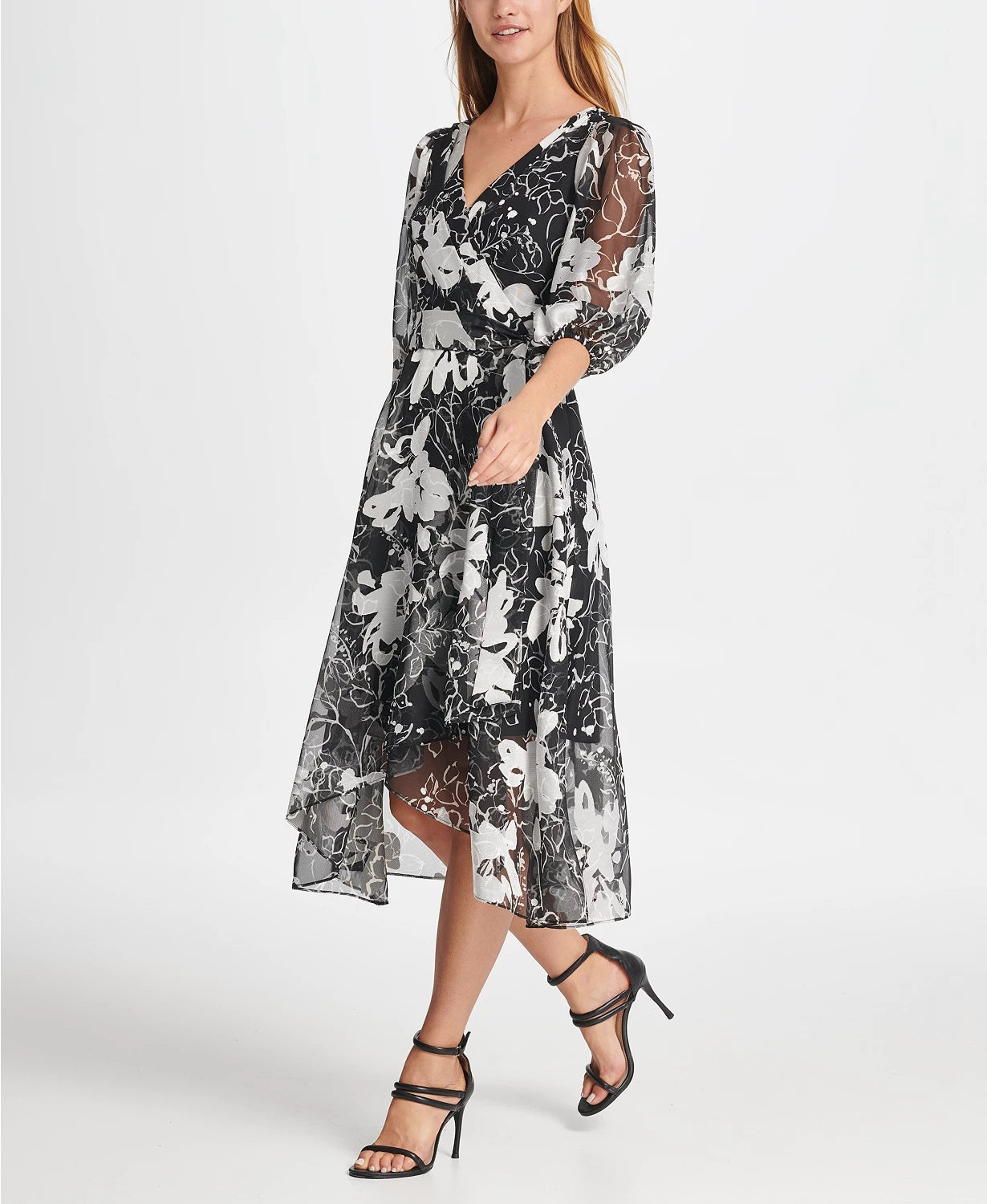 Vestido longo feminino DKNY Satin Burnout, cor carvão, tamanho 2