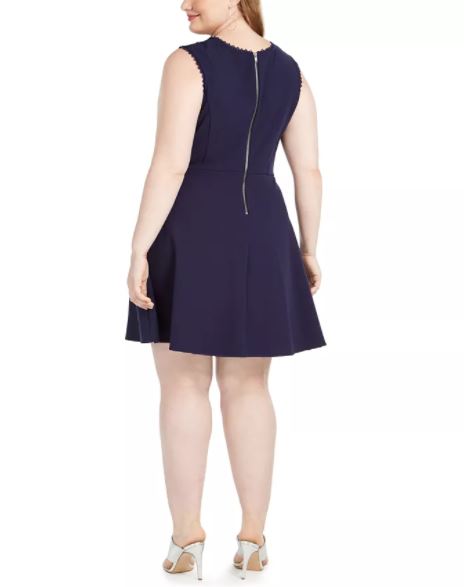Vestido feminino elegante com acabamento em renda evasê, azul escuro, tamanho 14