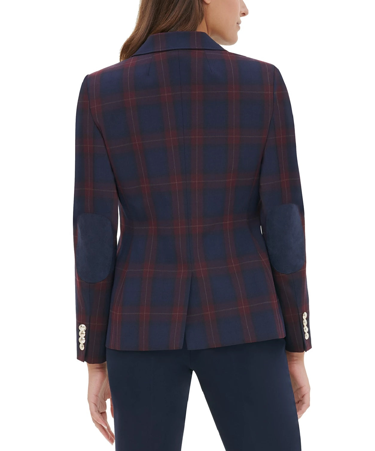Tommy Hilfiger Blazer Xadrez Feminino com Cotoveleira Azul Tamanho 12