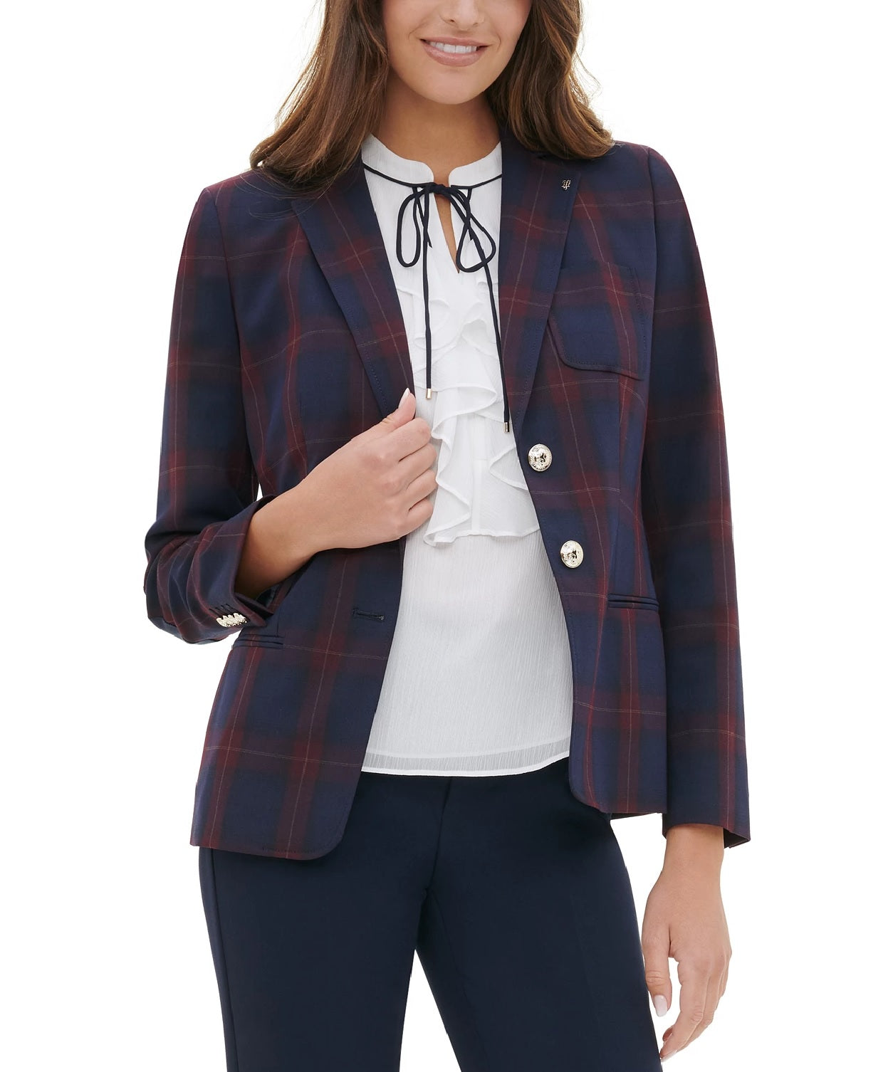 Tommy Hilfiger Blazer Xadrez Feminino com Cotoveleira Azul Tamanho 12