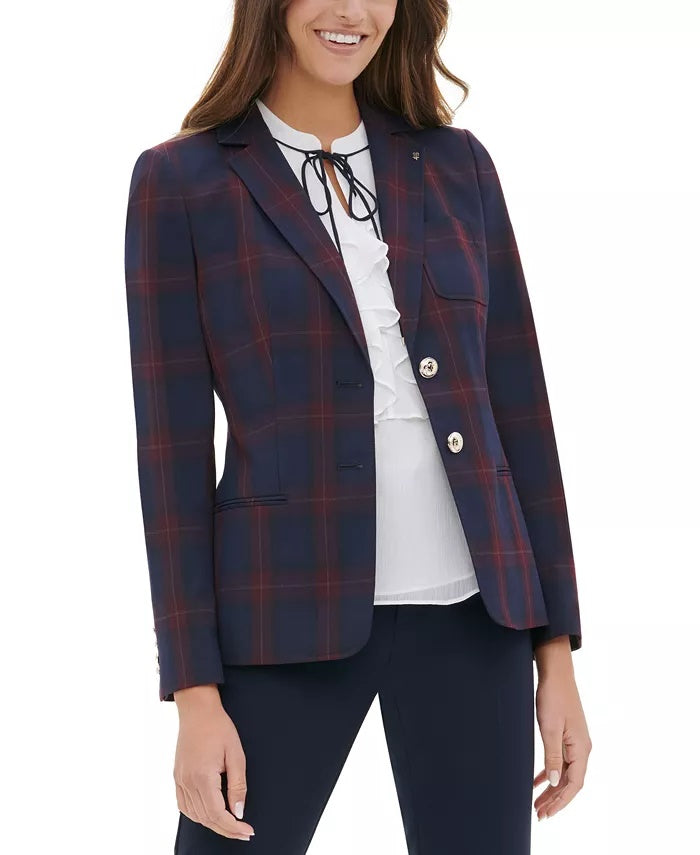 Tommy Hilfiger Blazer Xadrez Feminino com Cotoveleira Azul Tamanho 12