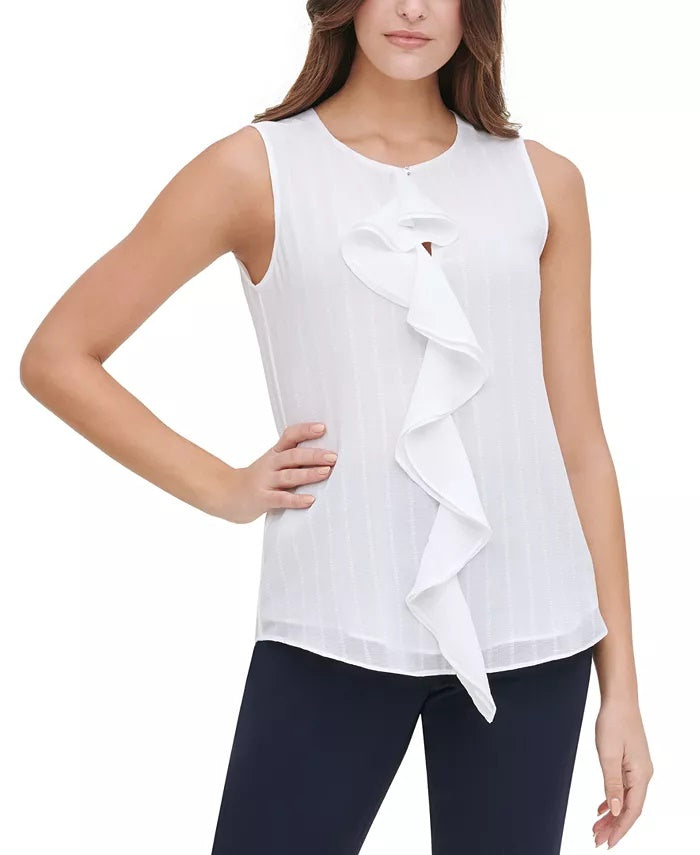 Tommy Hilfiger Blusa Feminina com Babados na Frente Branca Tamanho X-G