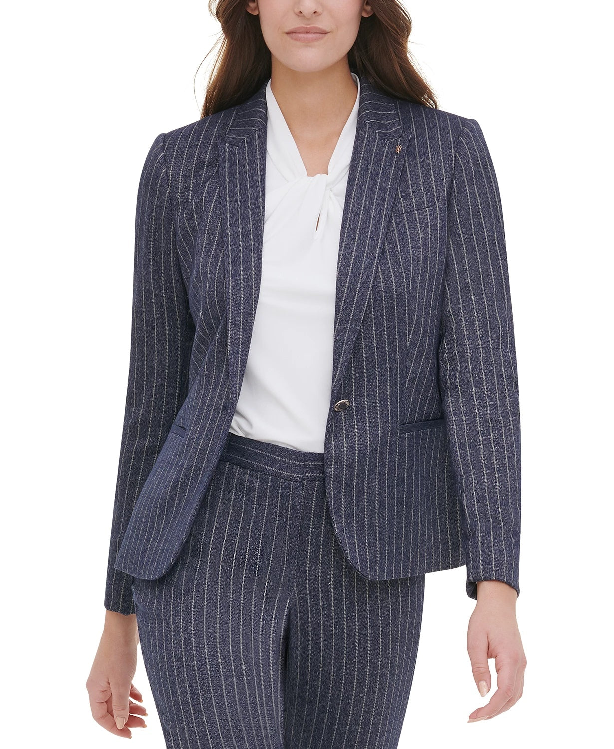 Blazer Tommy Hilfiger Feminino com Listras e Lapela Pica, Azul Marinho, Tamanho 8