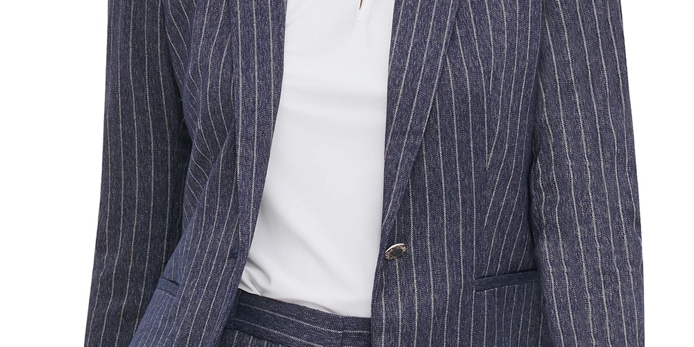 Blazer Tommy Hilfiger Feminino com Listras e Lapela Pica, Azul Marinho, Tamanho 8