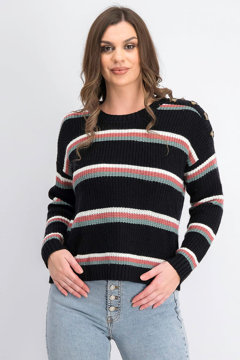 Suéter Hippie Rose Juniors com botões nos ombros, preto, tamanho médio