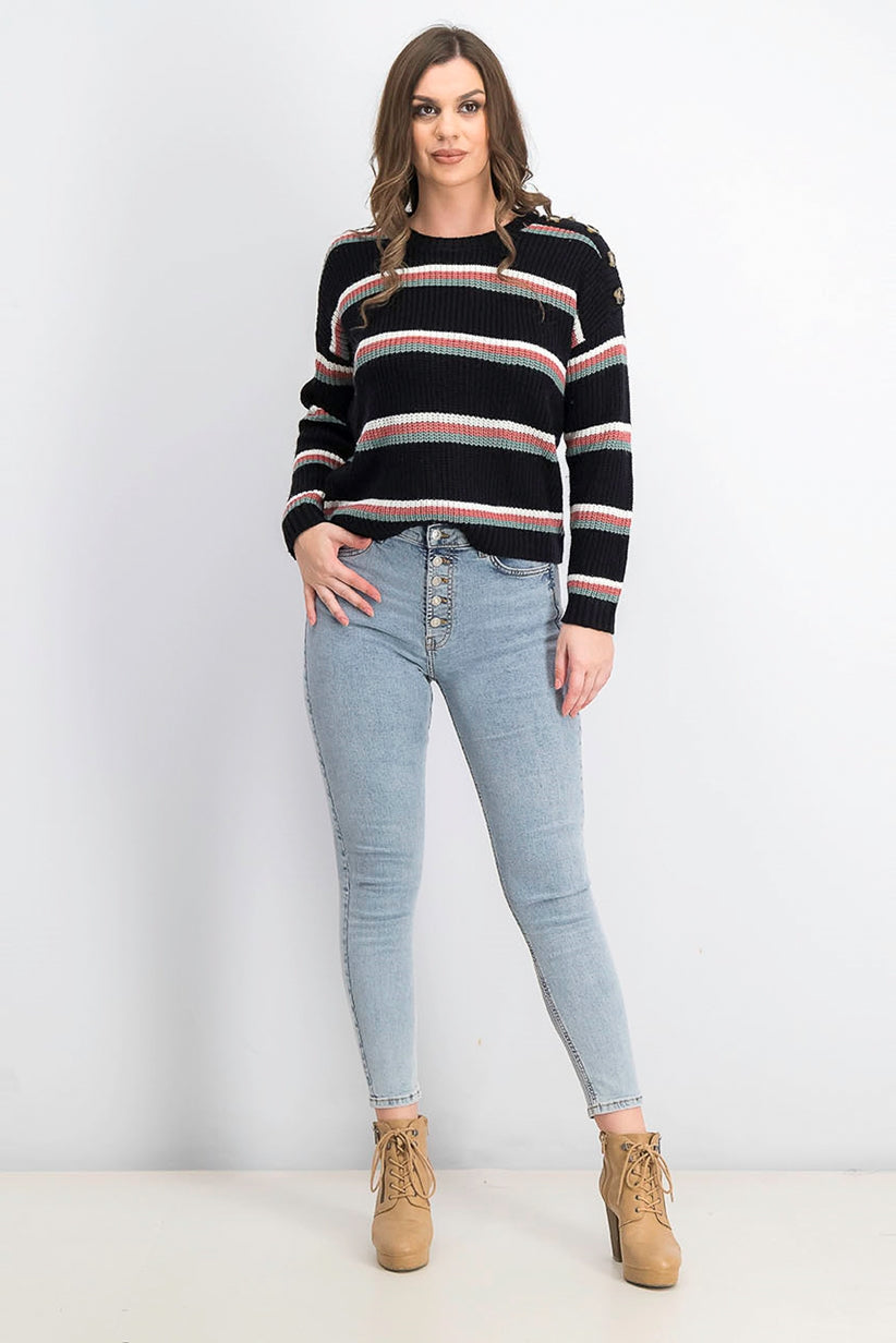 Suéter Hippie Rose Juniors com botões nos ombros, preto, tamanho médio