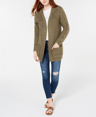 Hippie Rose Junior's Cable Knit Cardigan Brown Size X-Large