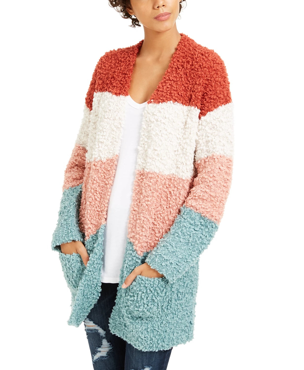 Cardigan Hippie Rose Juniors aconchegante com blocos de cores vermelho escuro, tamanho pequeno