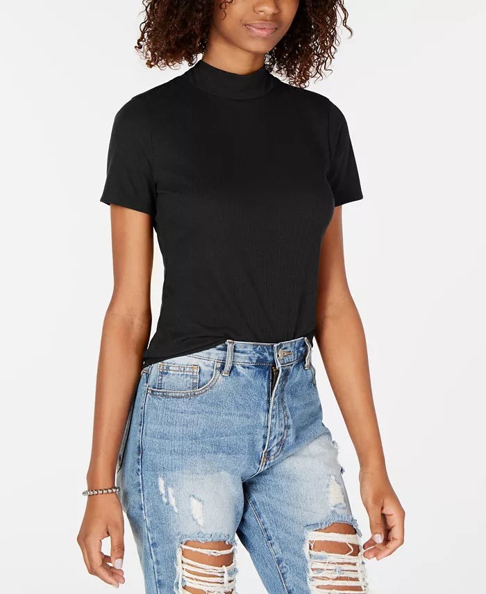 Blusa de gola alta Hippie Rose Juniors em malha canelada, preta, tamanho médio