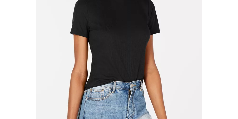 Blusa de gola alta Hippie Rose Juniors em malha canelada, preta, tamanho médio