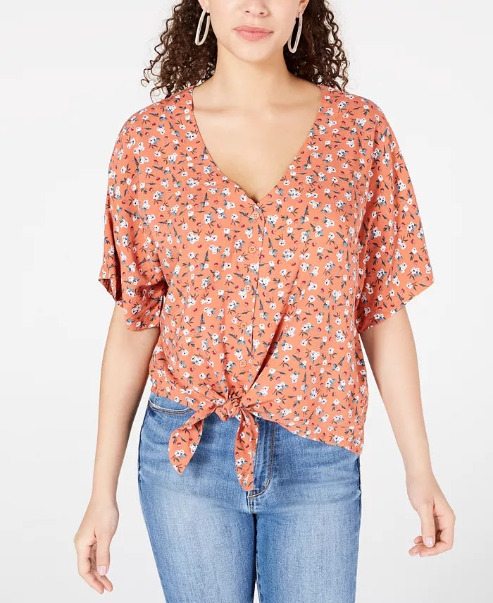 Blusa estampada com amarração na cintura para jovens Hippie Rose, tamanho médio, cor mel