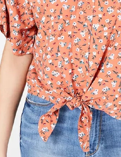 Blusa estampada com amarração na cintura para jovens Hippie Rose, tamanho médio, cor mel