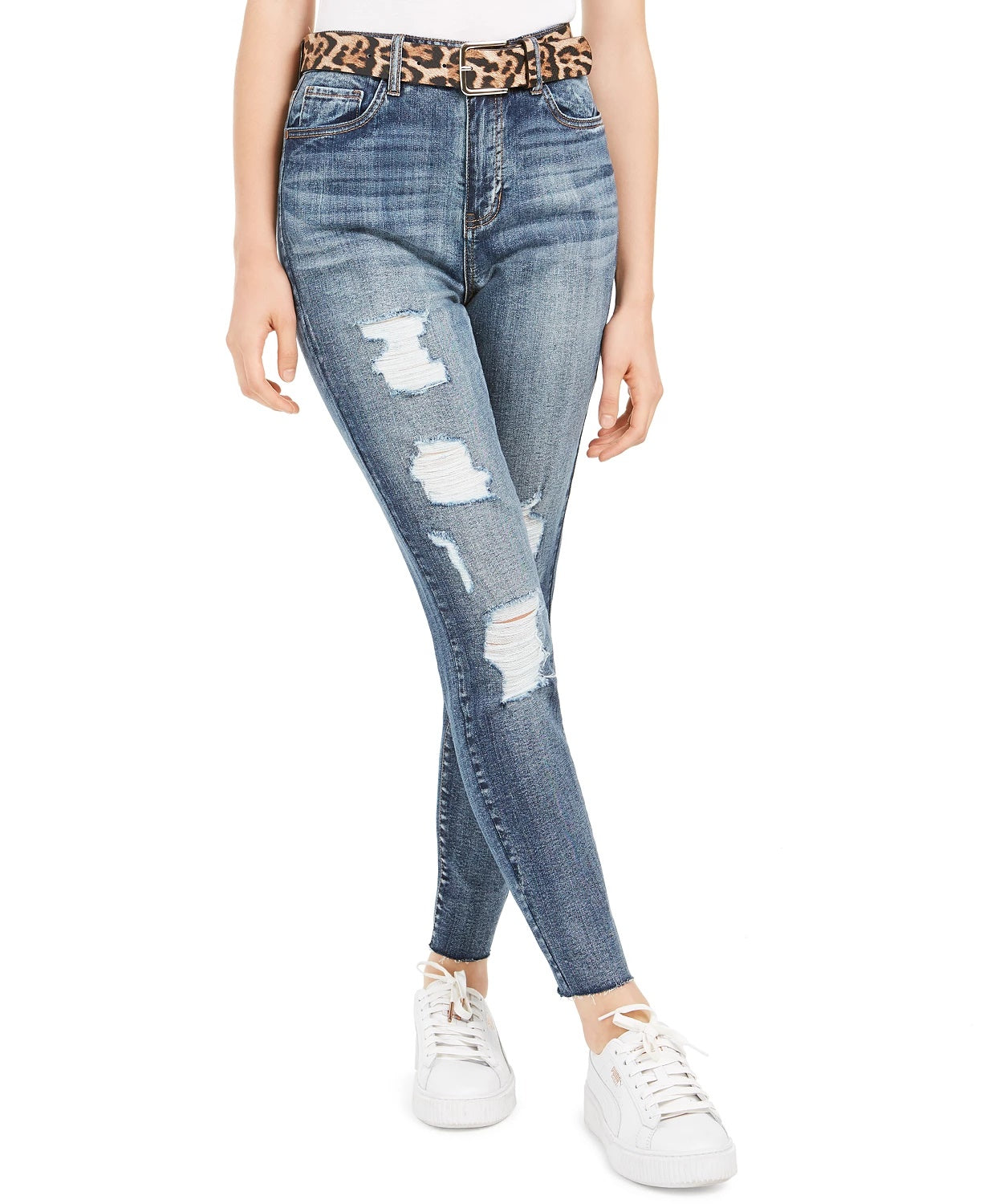 Calça jeans skinny rasgada com cinto da Dollhouse Junior, tamanho 13, azul marinho