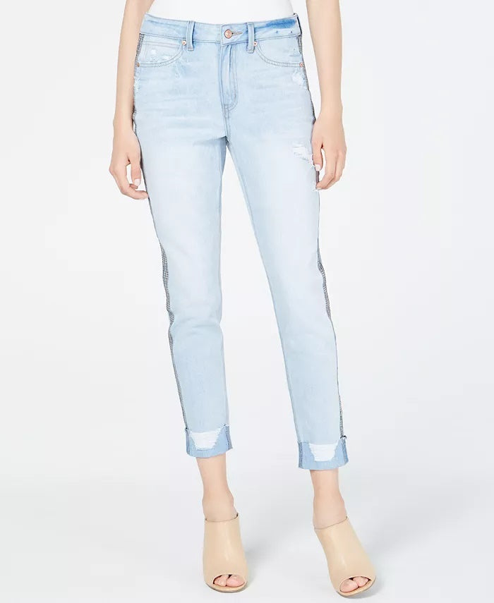 Calça jeans skinny contrastante com padrão espinha de peixe rasgada Rewash Junior, tamanho 0, azul