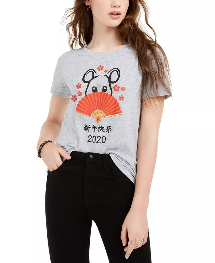 Camiseta estampada Love Tribe Junior's Rat Ano Novo Lunar, tamanho médio, cinza, grande