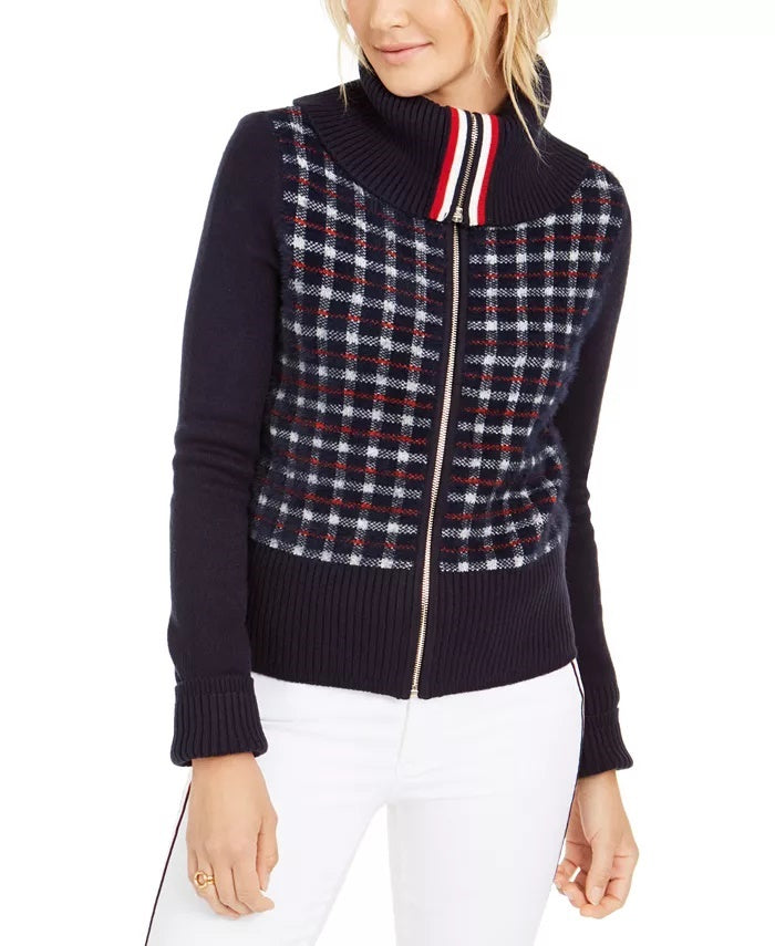 Jaqueta suéter xadrez feminina Tommy Hilfiger azul tamanho extra pequeno