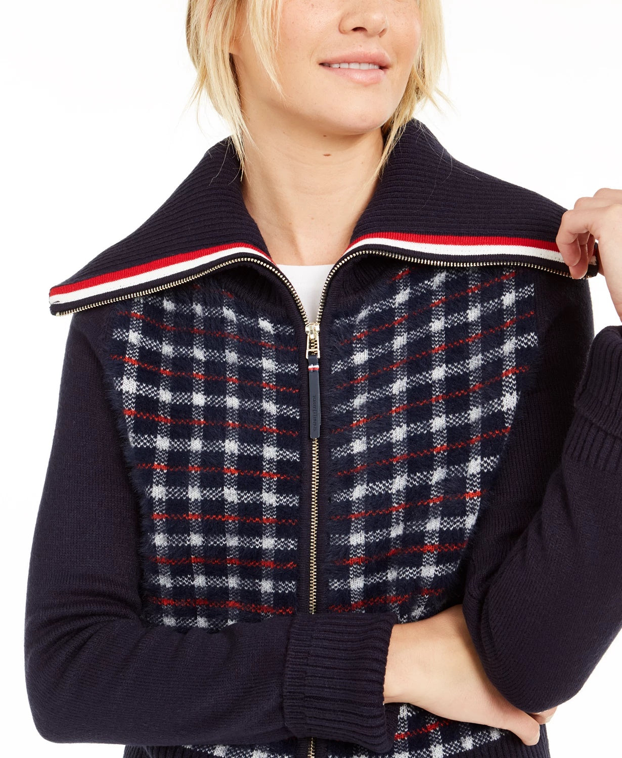 Jaqueta suéter xadrez feminina Tommy Hilfiger azul tamanho extra pequeno