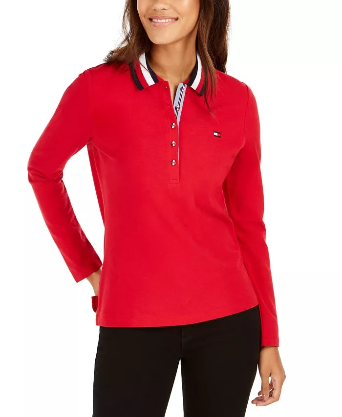 Camisa polo feminina Tommy Hilfiger com gola listrada, tamanho médio, vermelha, tamanho X-S
