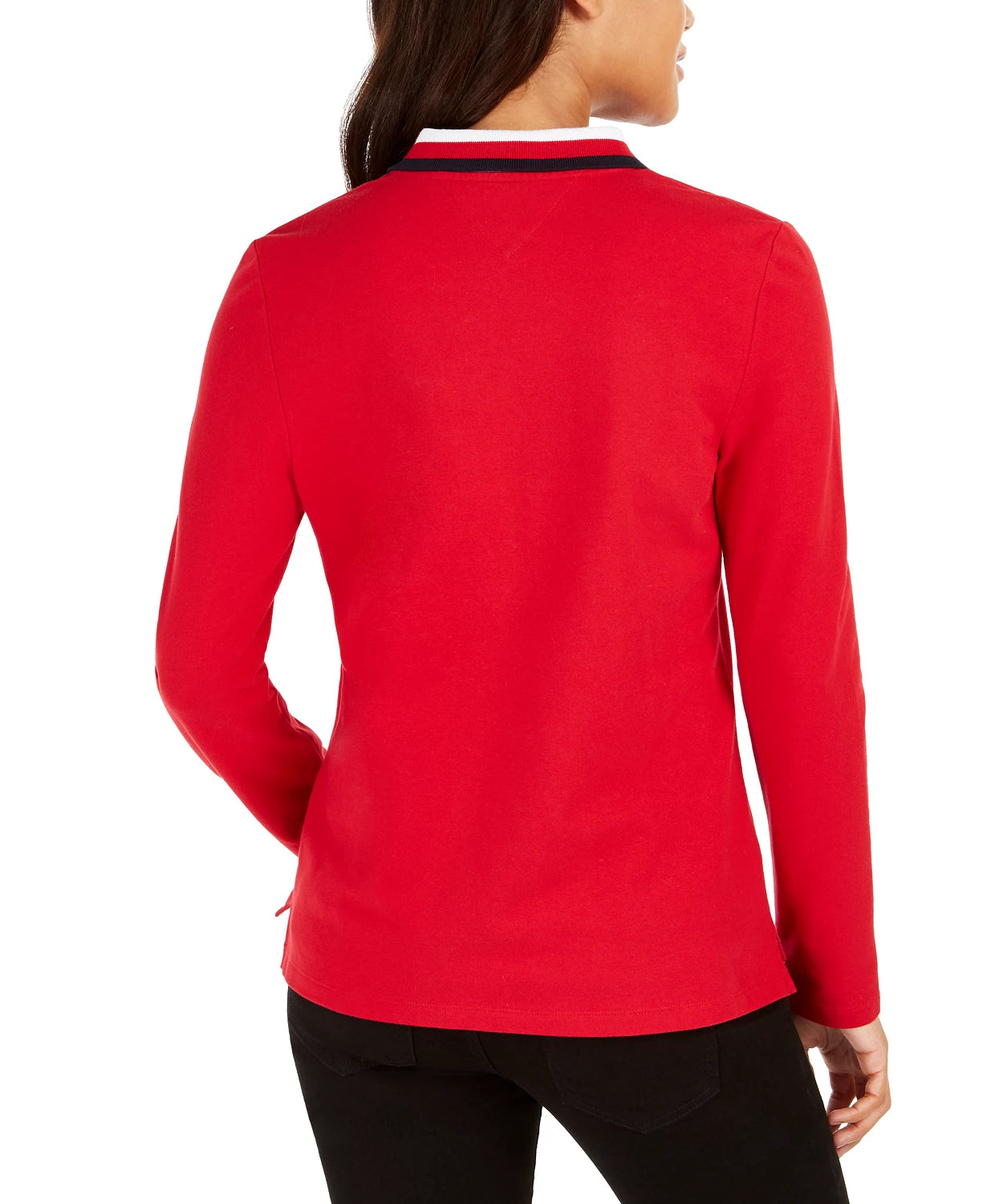 Camisa polo feminina Tommy Hilfiger com gola listrada, tamanho médio, vermelha, tamanho X-S