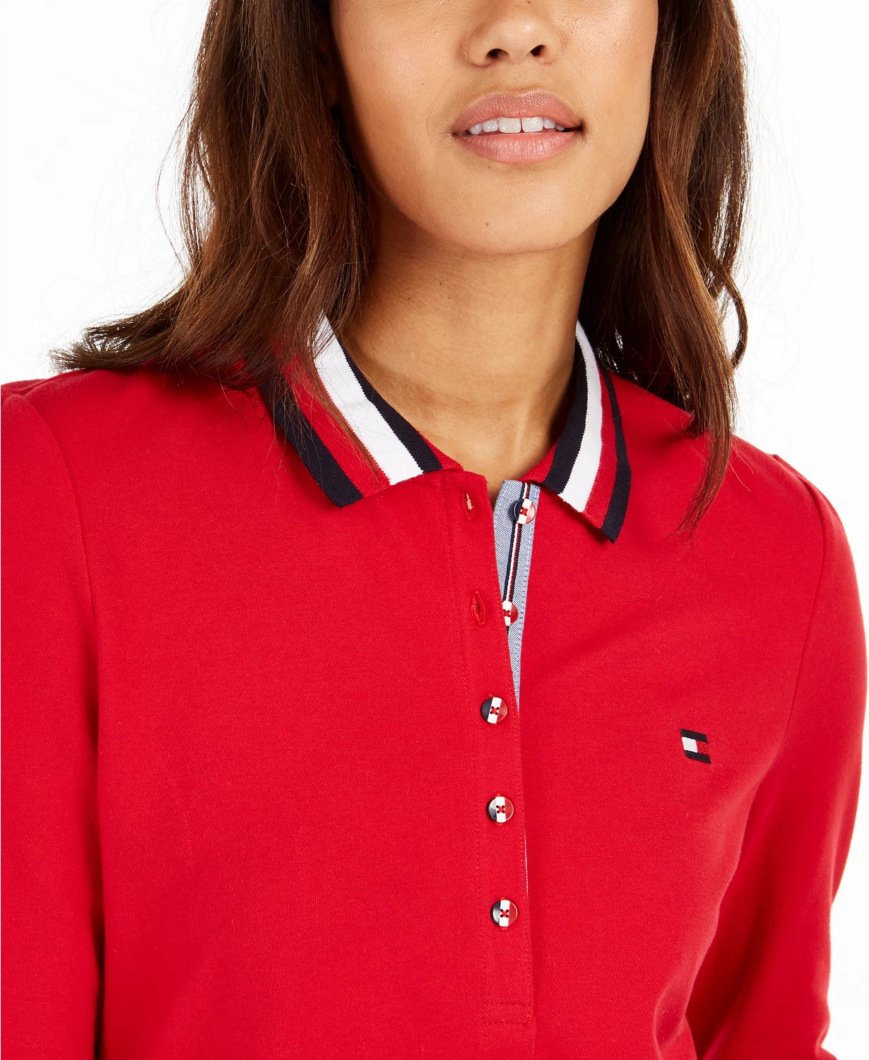 Camisa polo feminina Tommy Hilfiger com gola listrada, tamanho médio, vermelha, tamanho X-S