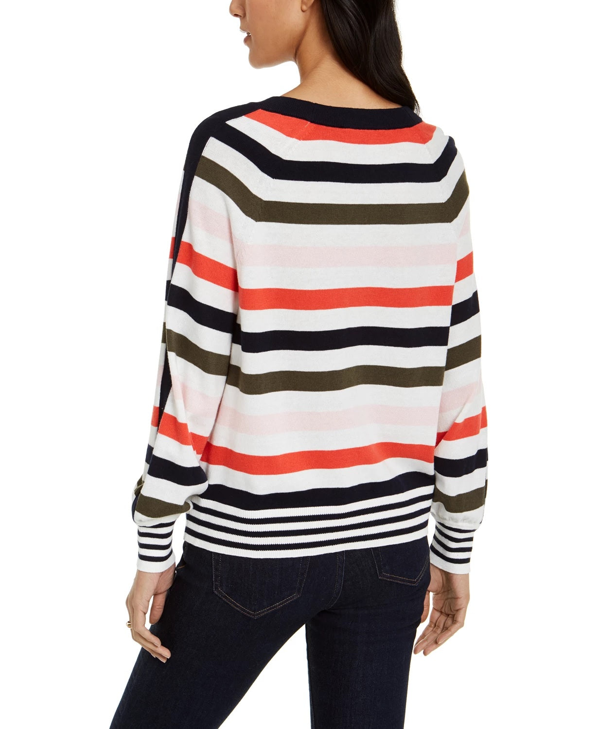 Suéter listrado com mangas bufantes Tommy Hilfiger feminino, tamanho médio, branco