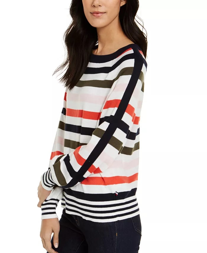 Suéter listrado com mangas bufantes Tommy Hilfiger feminino, tamanho médio, branco