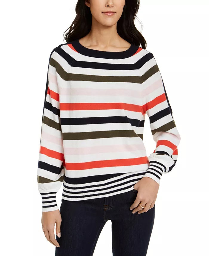Suéter listrado com mangas bufantes Tommy Hilfiger feminino, tamanho médio, branco